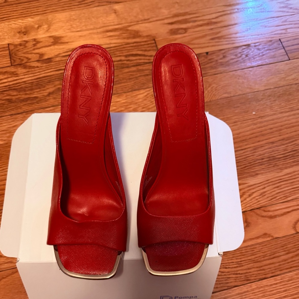 DKNY Red Leather Slide Mules with Square Toe
